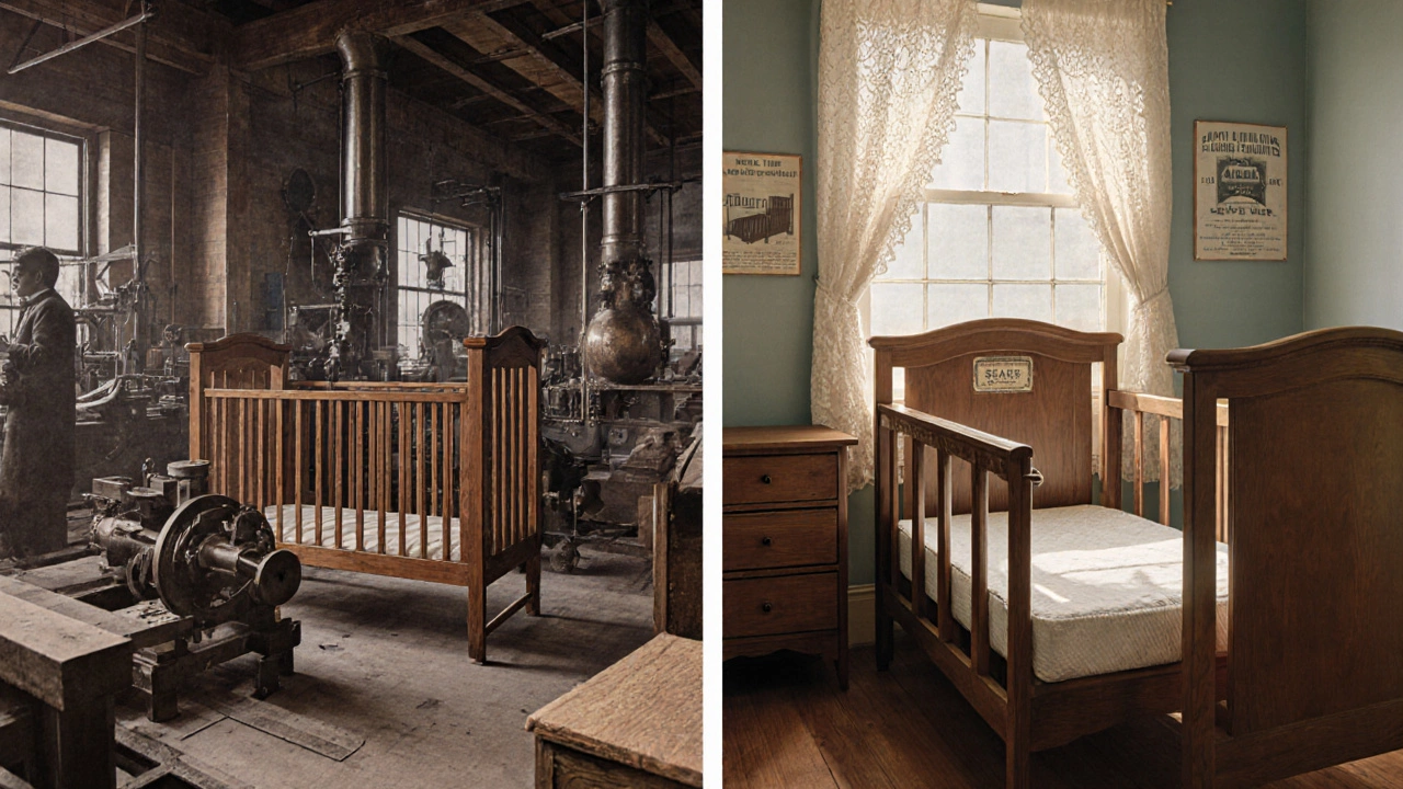 19th‑century factory and Victorian nursery showing a pine crib with adjustable rails and a catalog ad.