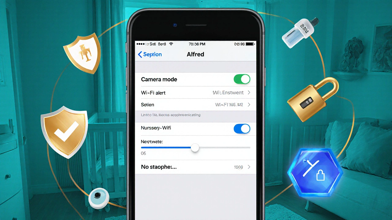 An iPhone screen shows the Alfred app setup with camera mode, Wi‑Fi and motion alert settings.