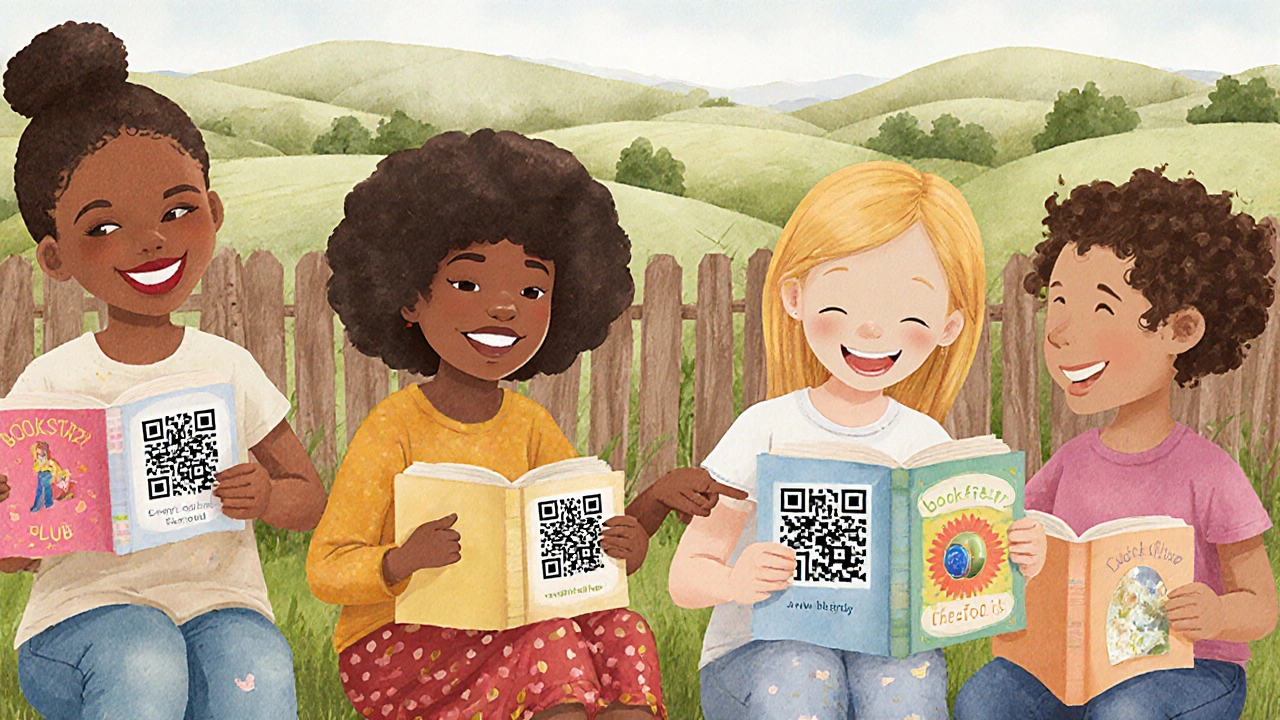Children in a garden holding free books, one scanning a QR code for audio.