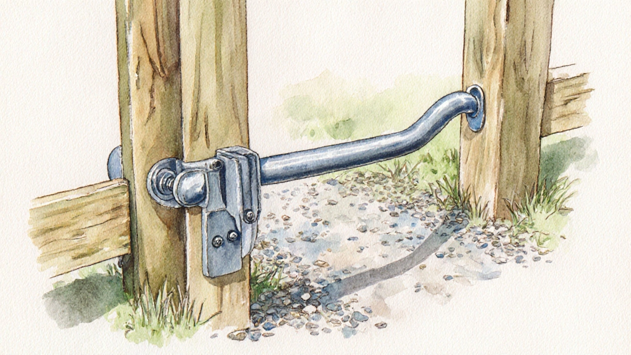 Close‑up watercolor of a kissing gate showing latch, hinge, swing arc, and posts.