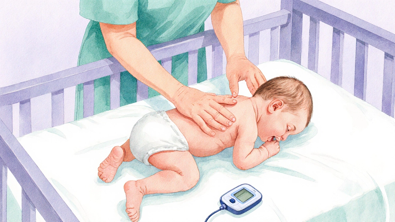 Doctor checking shoulders and glucose of a chubby infant in a crib.