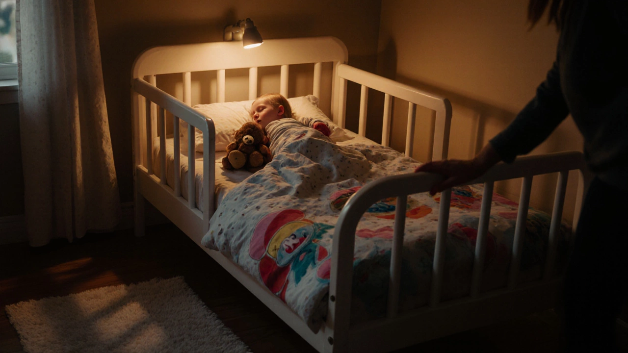 Evening bedroom scene with a toddler in a low bed, guardrails, night‑light, and a parent nearby.