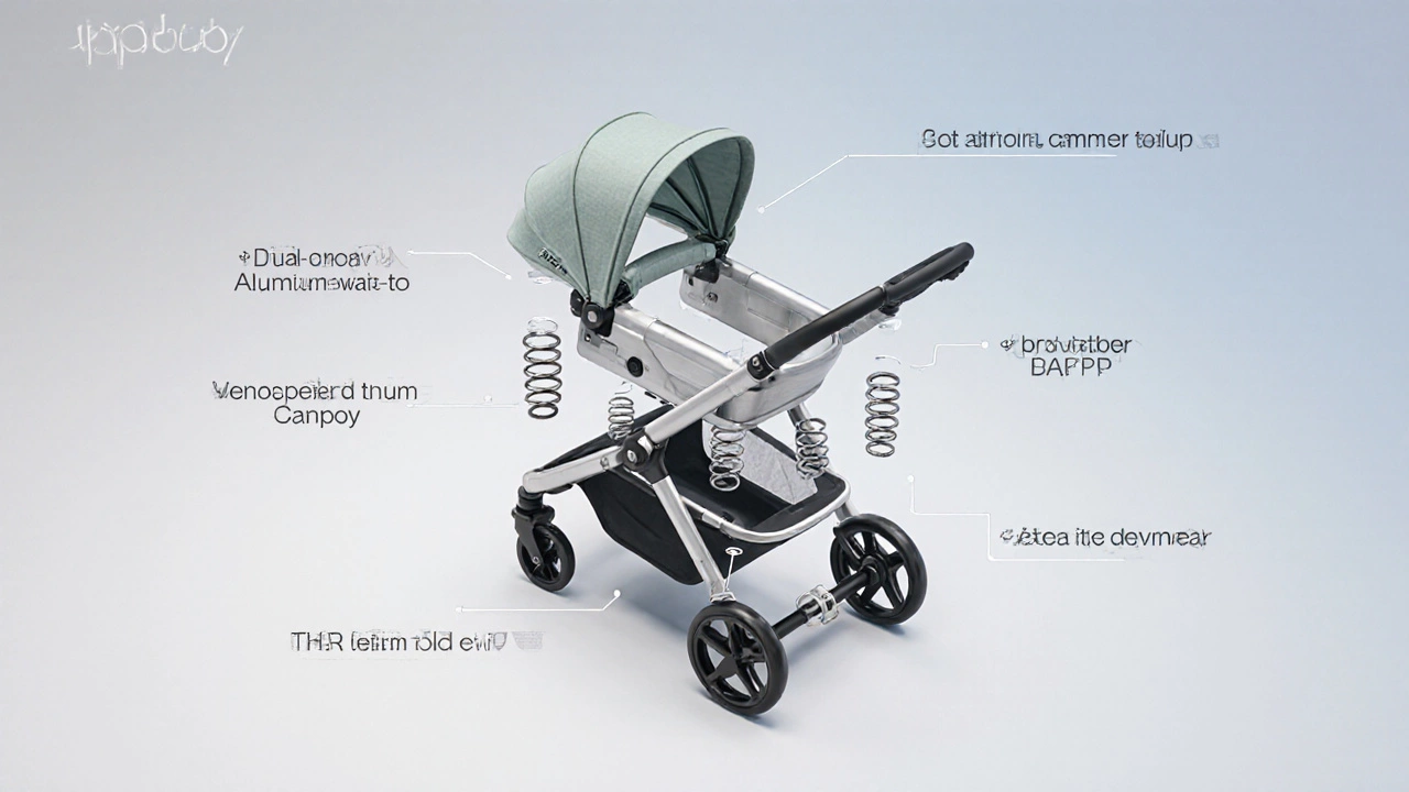 Exploded isometric illustration of UPPAbaby stroller components and materials.