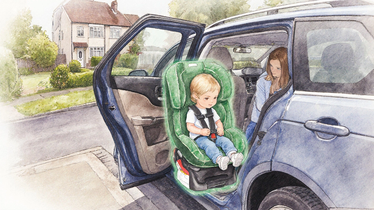 Family leaving home with a securely installed passenger‑side rear‑facing car seat.