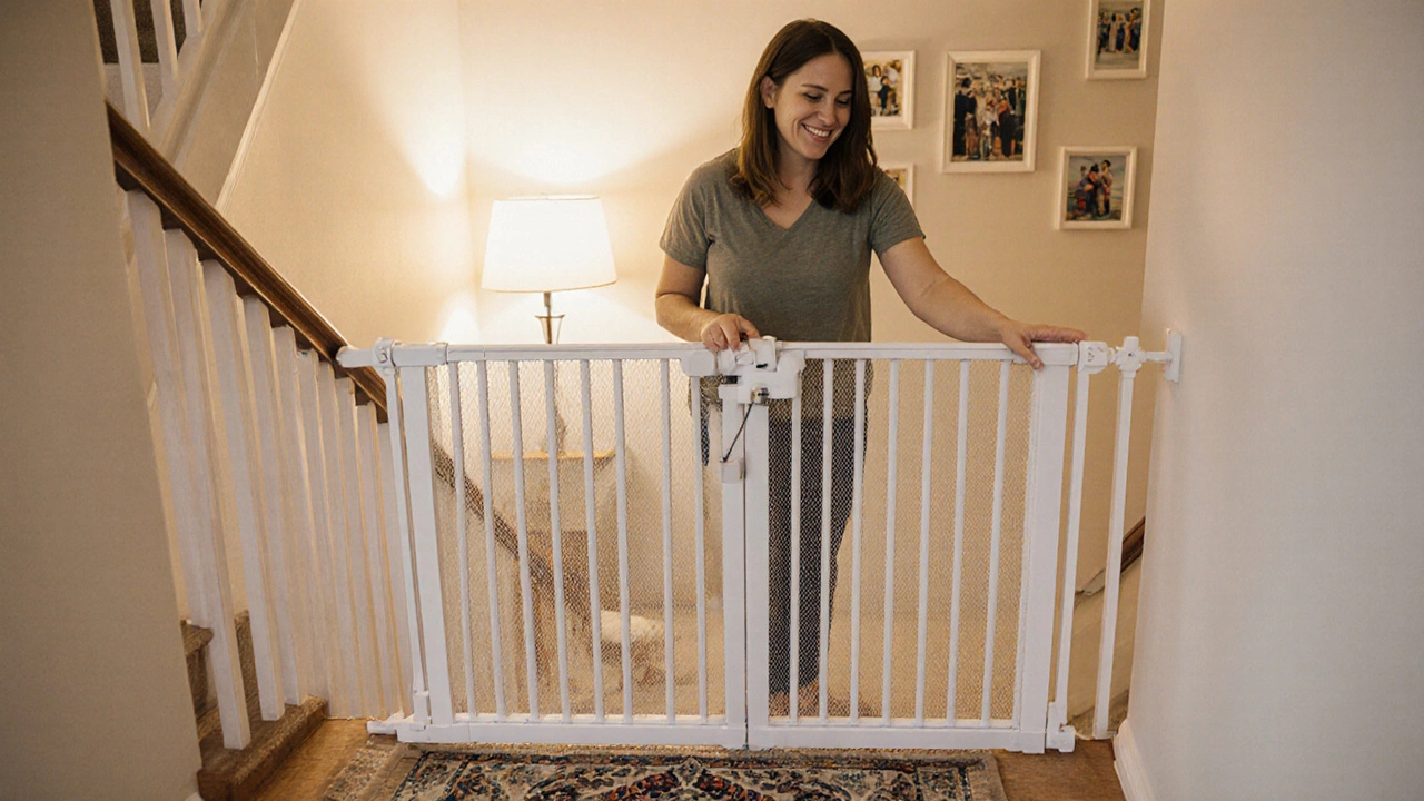 Family scene with a fully extended accordion gate securing a staircase.