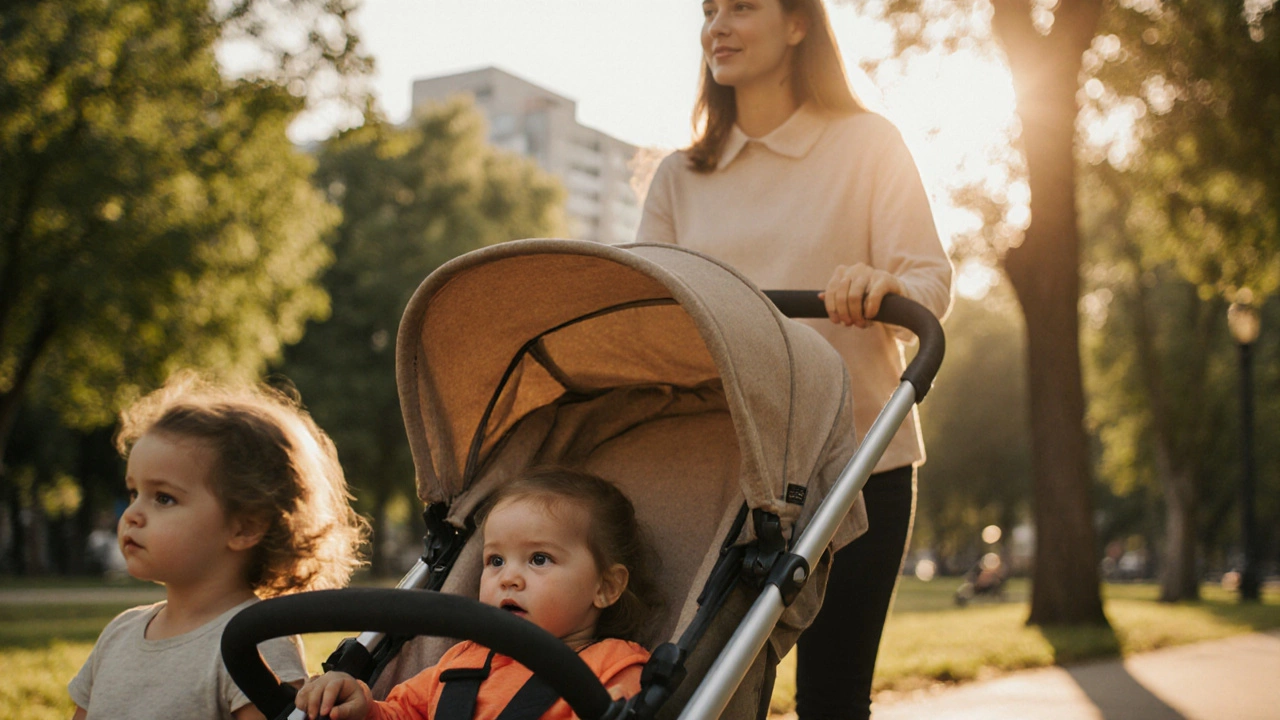 Family strolling in a park using a UPPAbaby stroller during golden hour.