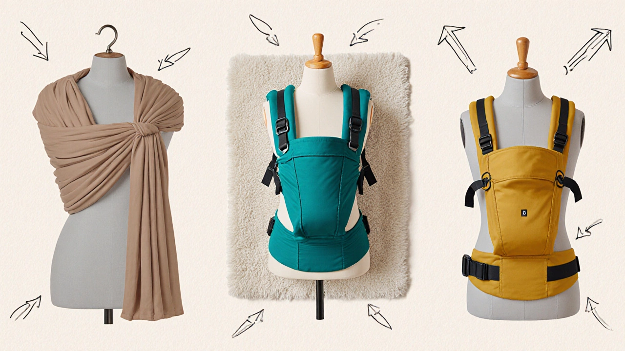 Five baby carrier styles displayed side by side.