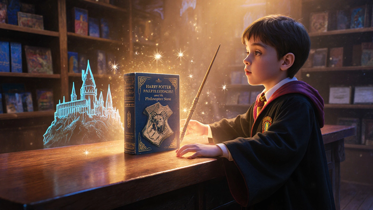 Harry Potter first book glowing in a magical shop window with enchanted items.