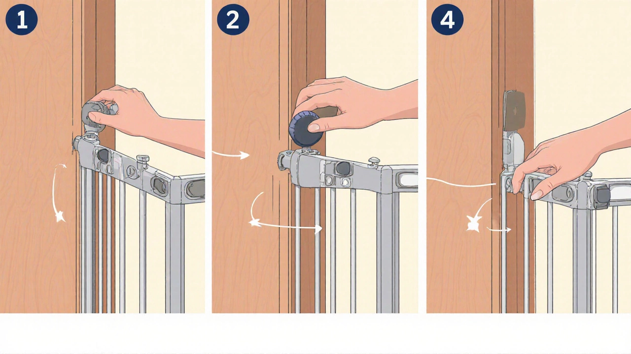 Illustrated steps showing a parent installing an accordion gate with tension knob and latch.