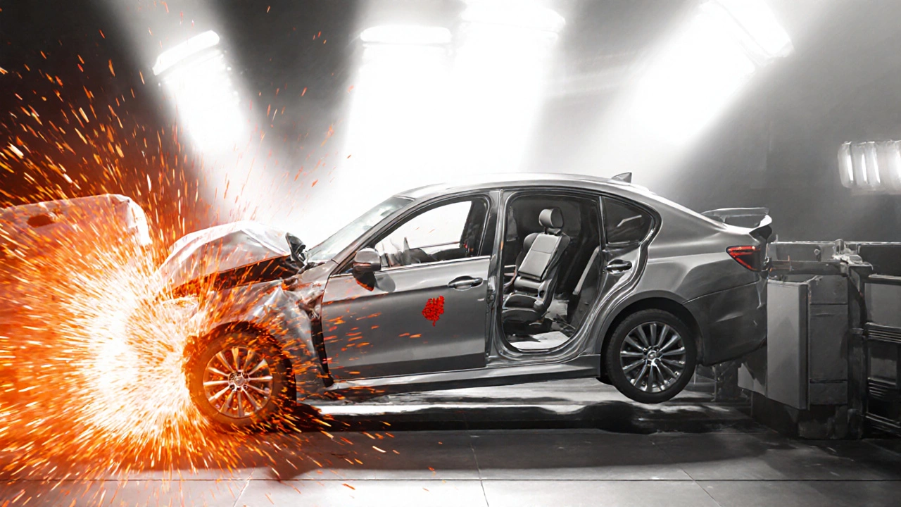 Illustration of a frontal crash showing a passenger‑side rear‑facing seat with reduced force.