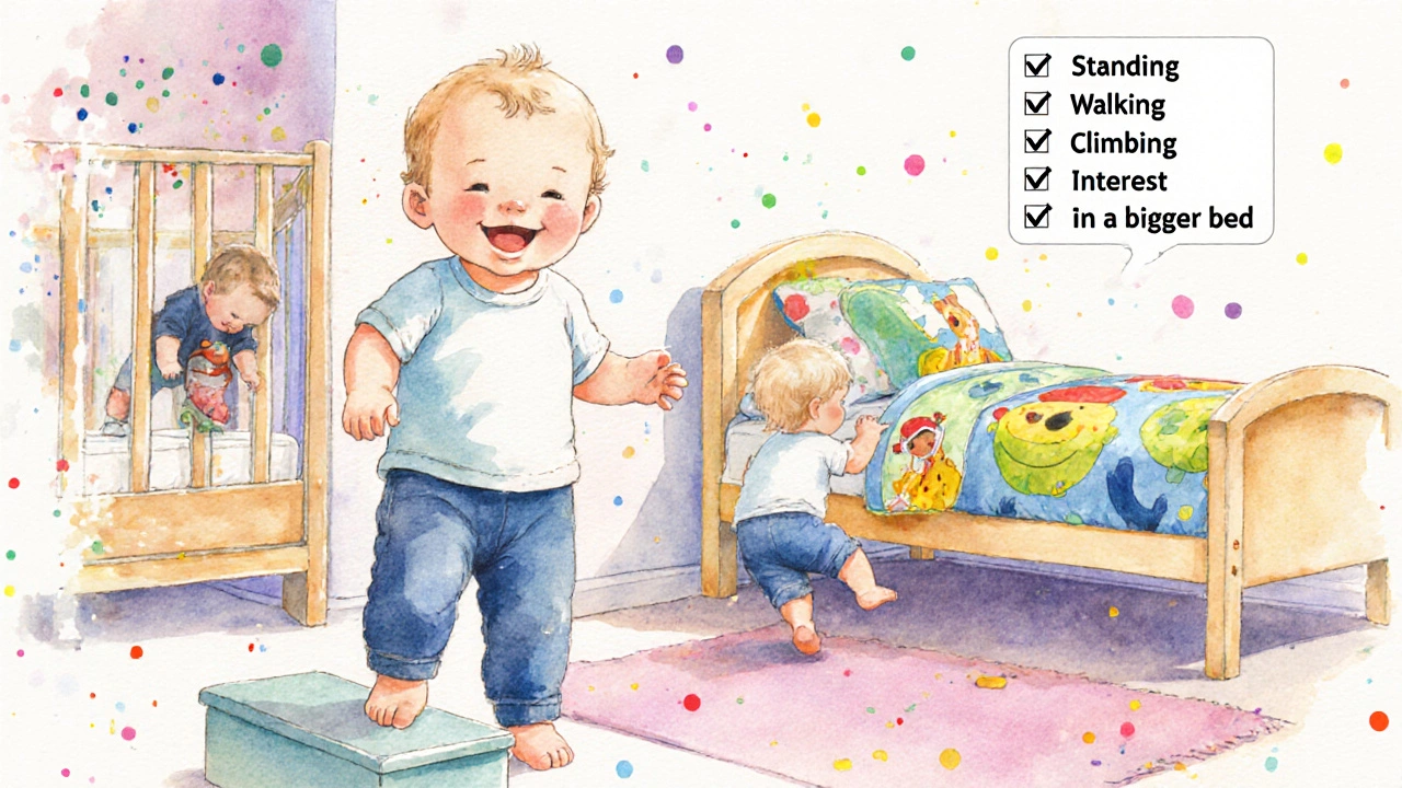 Illustration of a toddler standing, climbing out of a crib, and looking at a big kid bed.