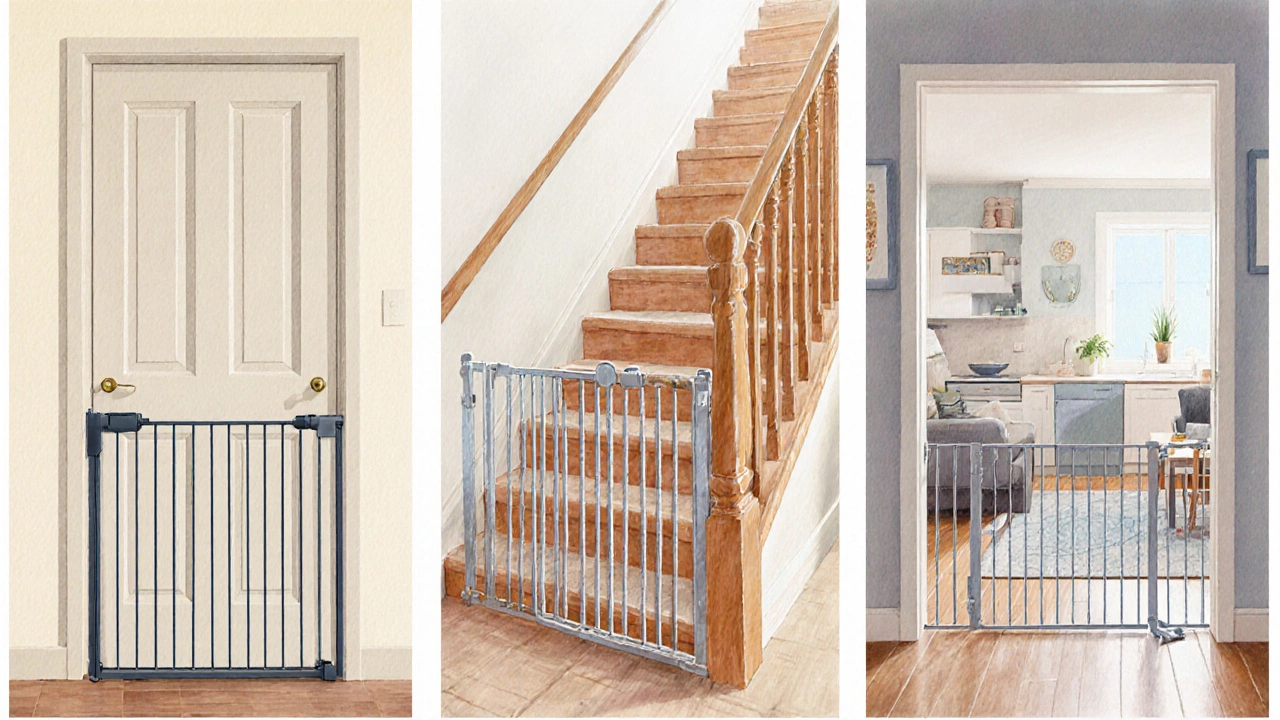 Illustration showing pressure‑mounted, hardware‑mounted, and walk‑through baby gates in home settings.