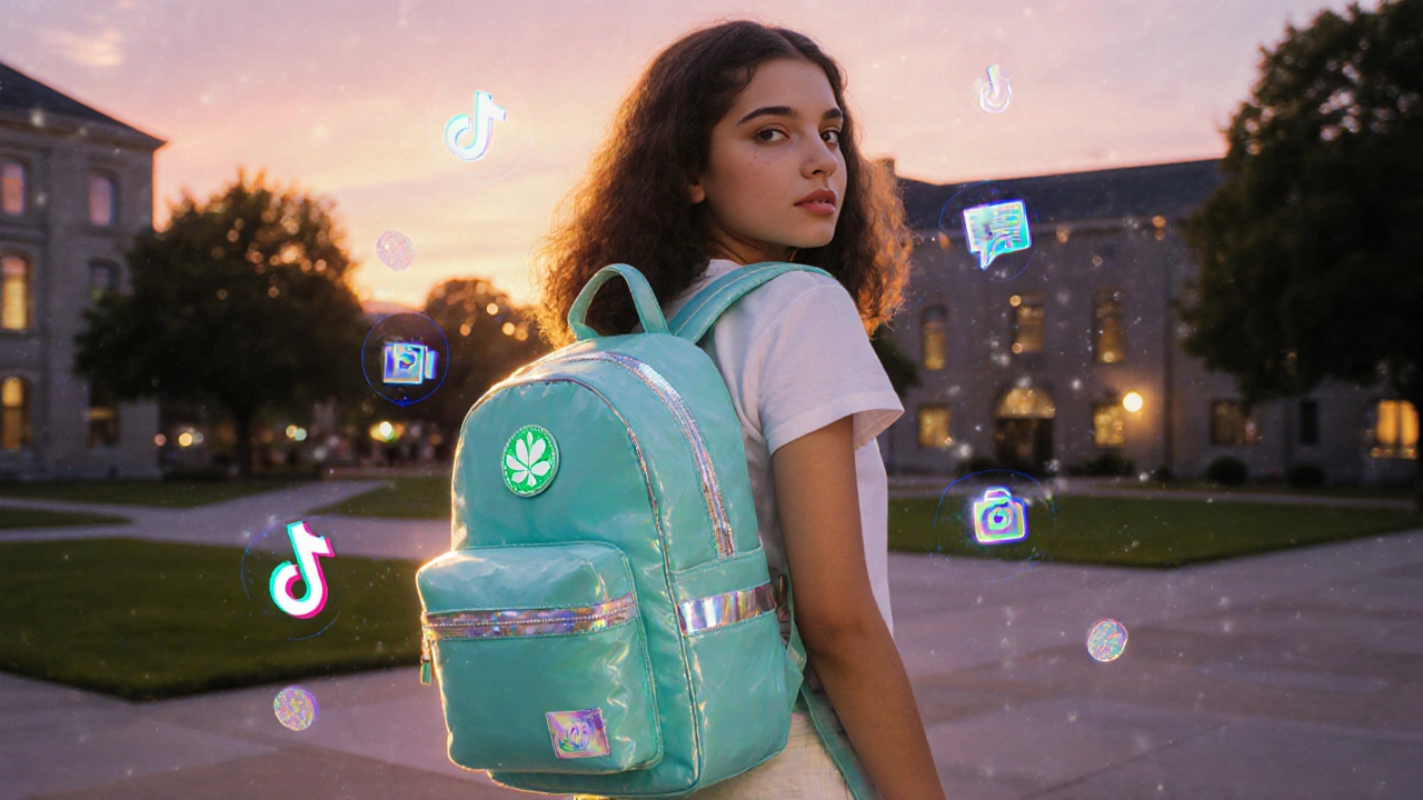 Influencer in campus dusk holding eco‑friendly pastel backpack with glowing reflective strips.