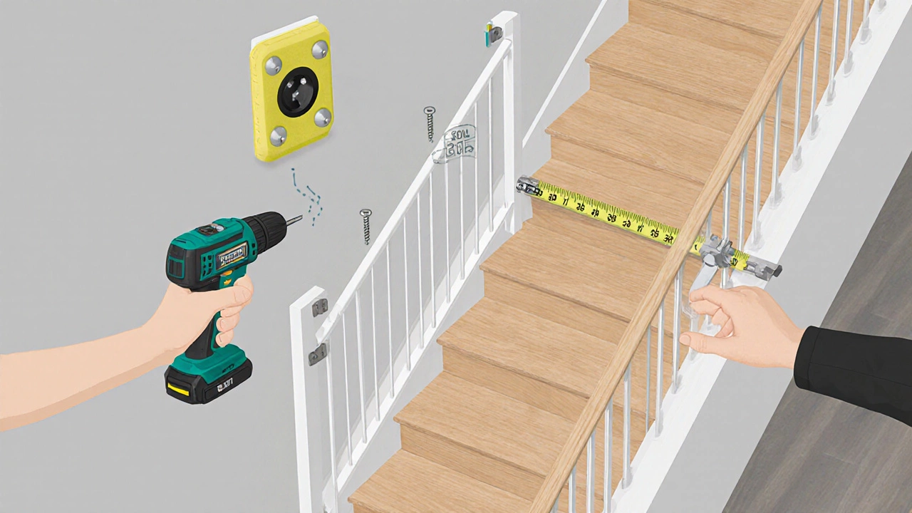 Isometric view of installing a hardware‑mounted baby gate with tools and measurements.