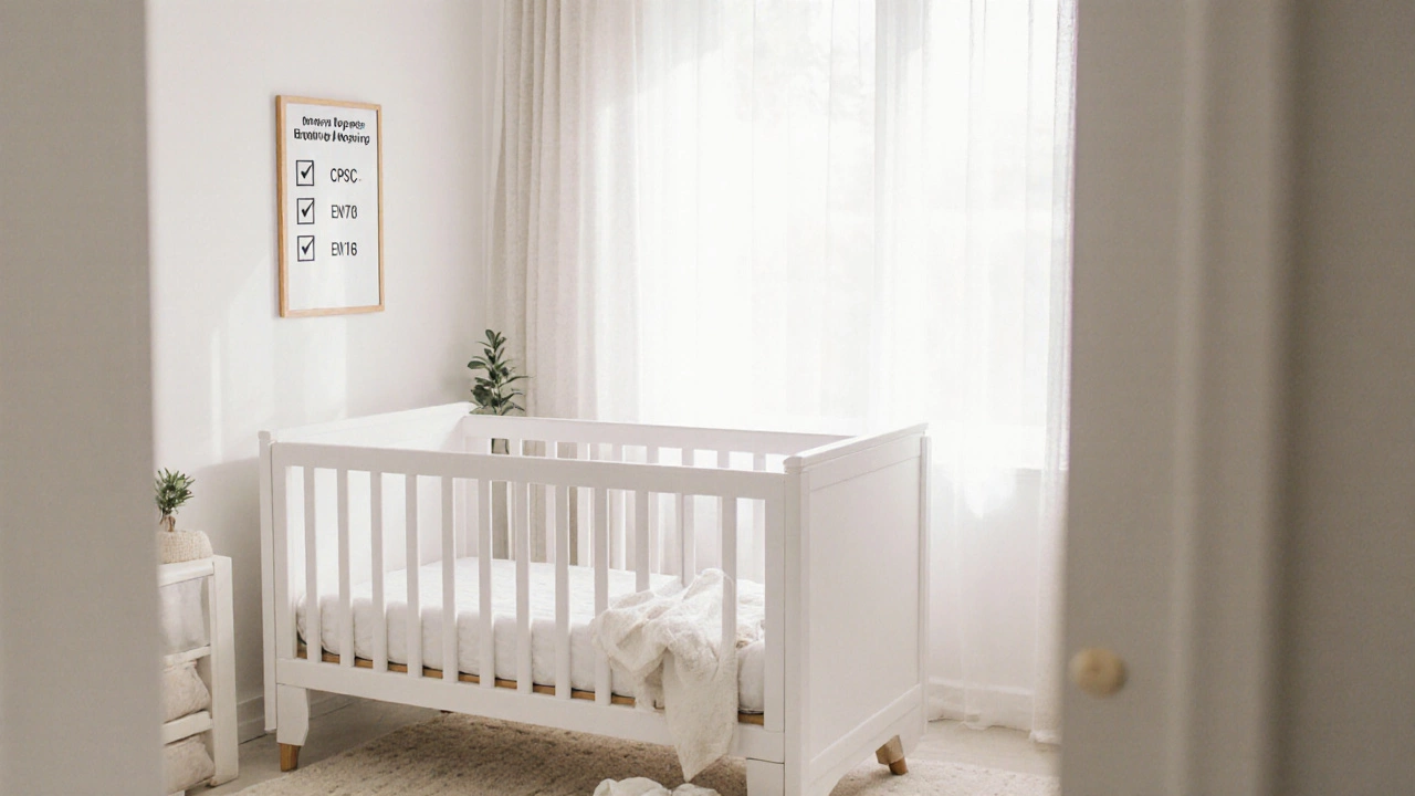 Modern nursery featuring a sustainable oak convertible crib with safe slats and natural lighting.