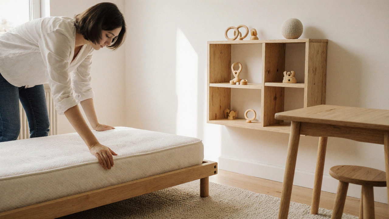 Mother arranging floor bed and open shelves with wooden toys in a bright, child‑height nursery.
