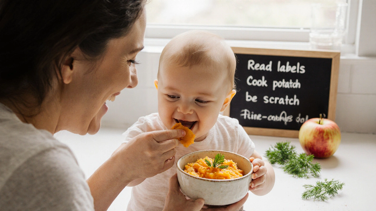 Mother feeding baby homemade puree, fresh herbs nearby, chalkboard with low‑salt tips.