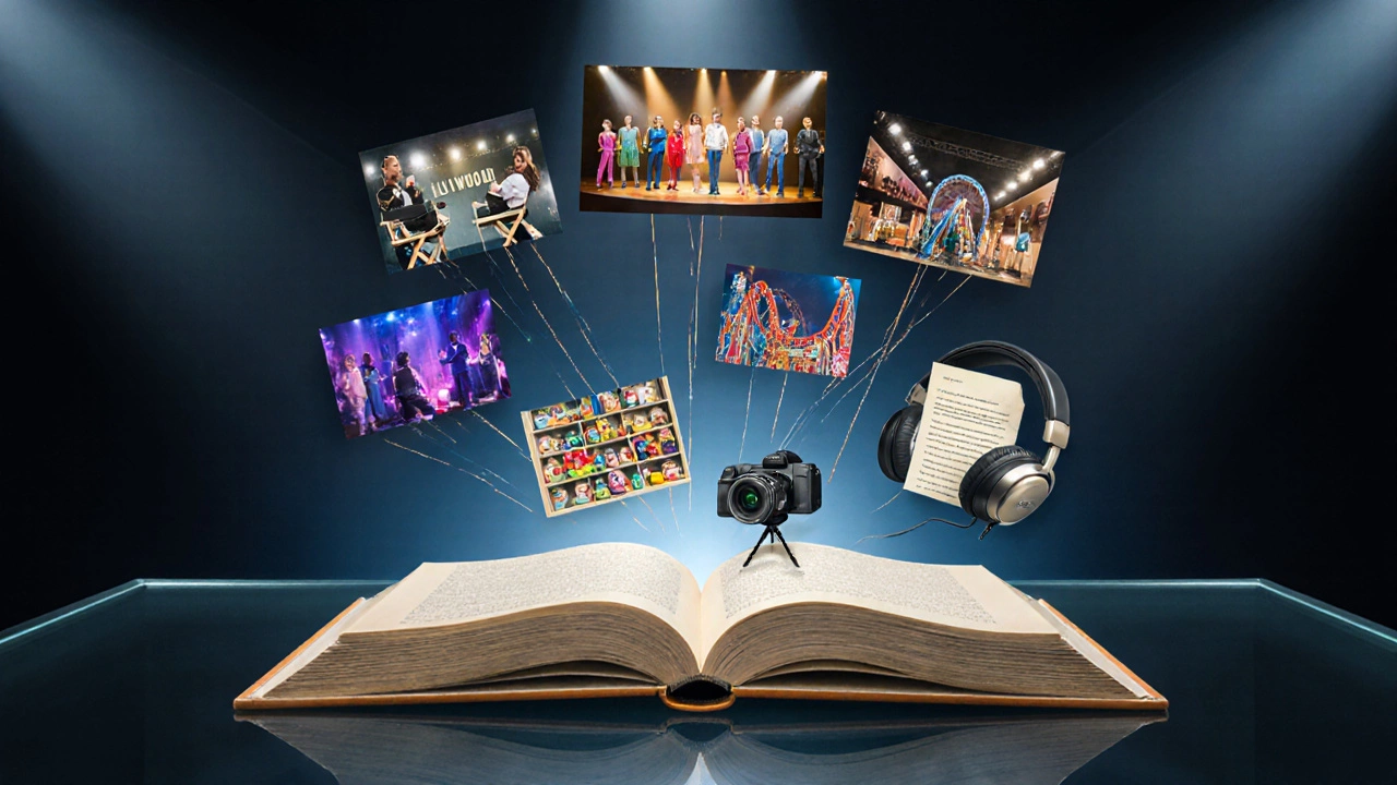 Open book releasing scenes of film set, stage, toys, theme park, and audiobook, showing revenue streams.