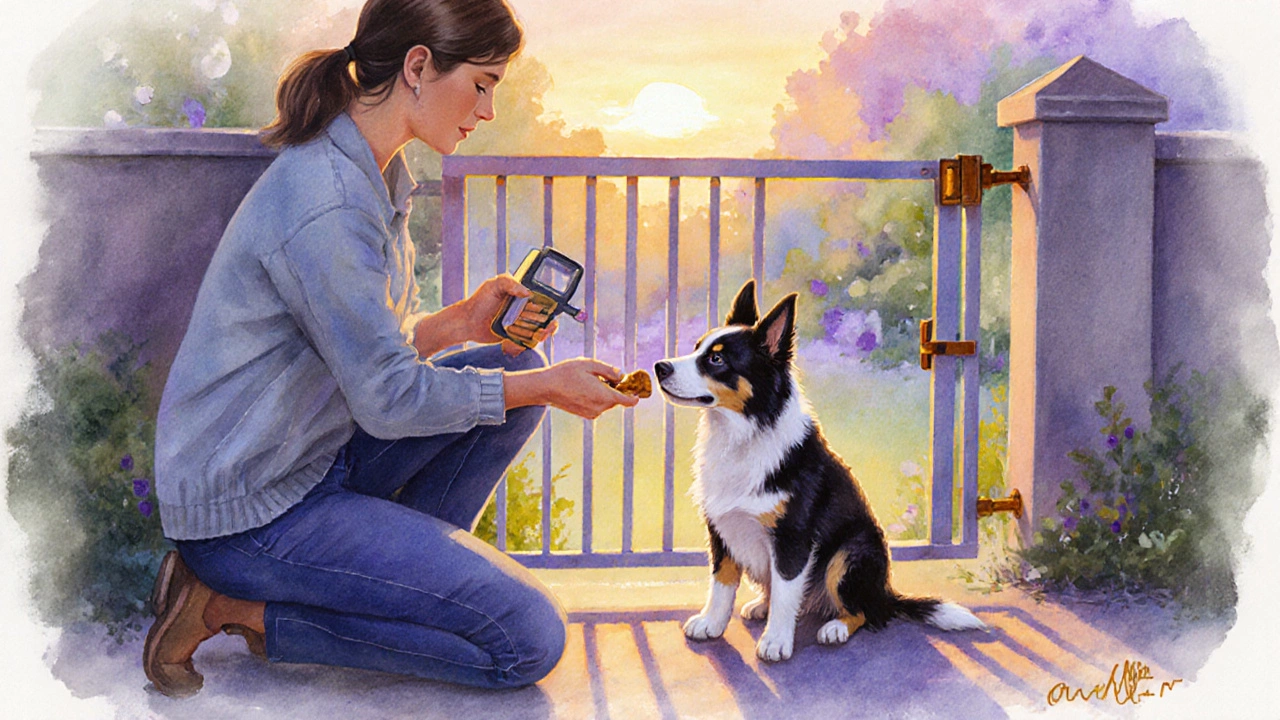 Owner training a puppy to stay at a closed gate during sunset.