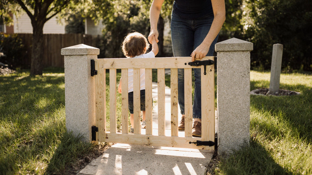 Parent and toddler walk through a hardwood kissing gate set in a backyard.