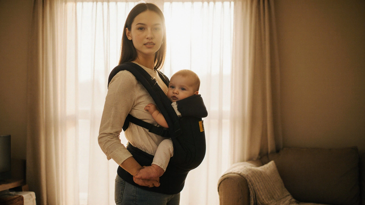 Parent holding a 10‑lb baby in a carrier, demonstrating correct posture.
