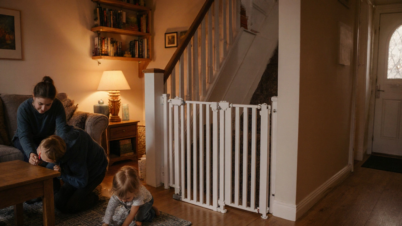 Parent installing a hardware‑mounted gate on stairs with safety accessories nearby.