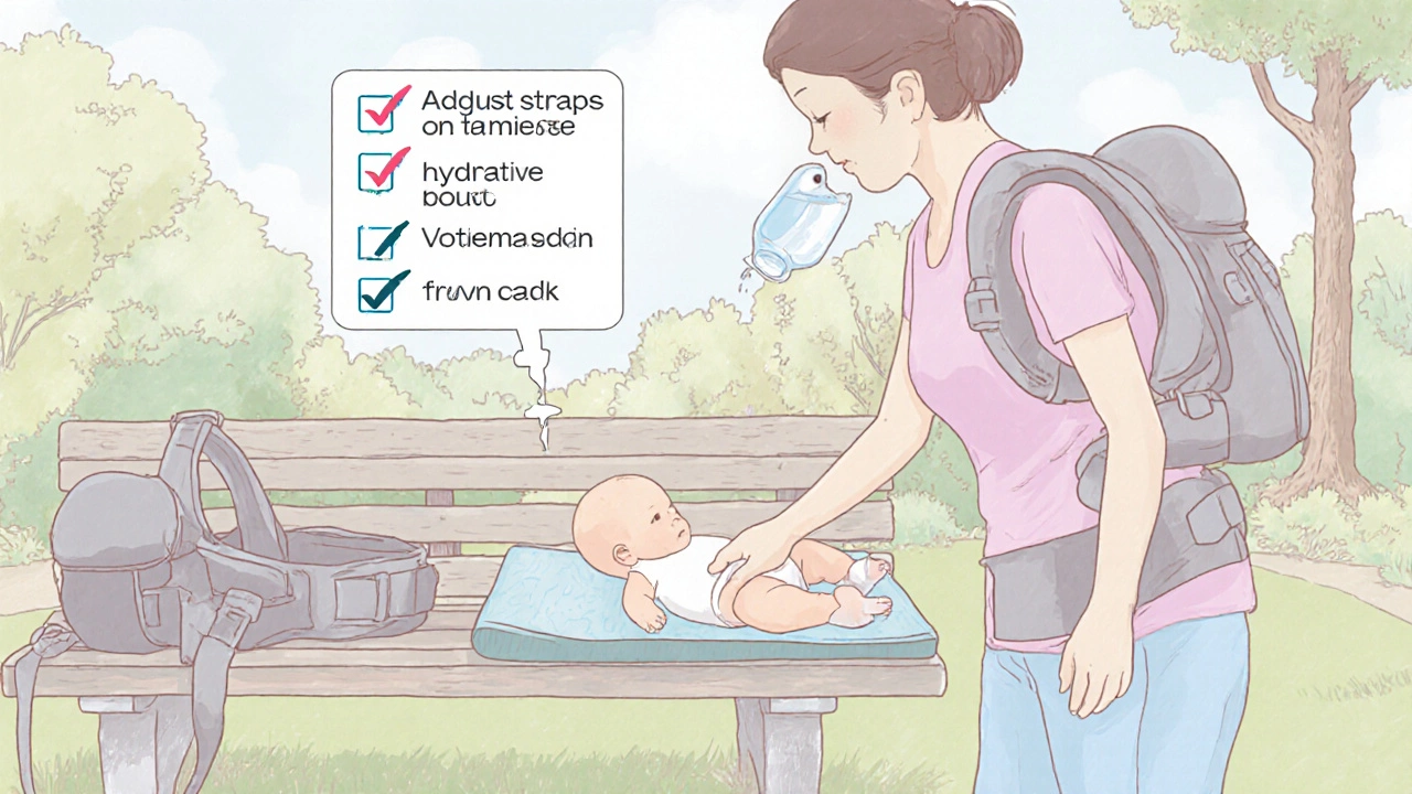 Parent pausing to lower baby onto a mat, checking neck temperature, with carrier nearby.