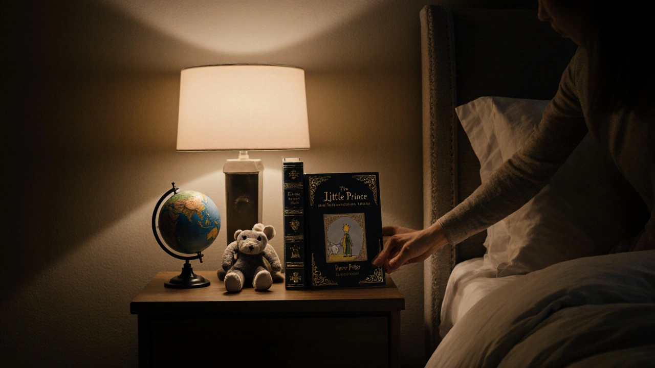 Parent presents a bound Little Prince and Harry Potter set on a nightstand under a reading lamp.