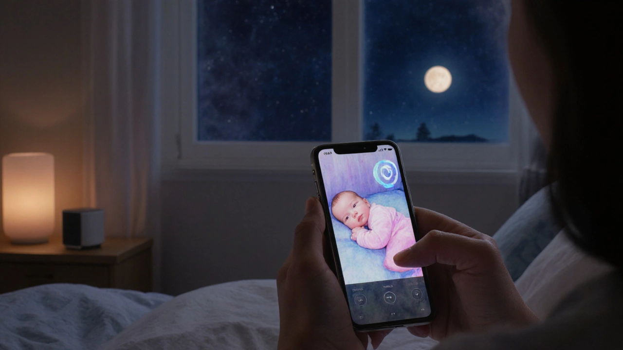 Parent watches a live video of the sleeping baby on another iPhone, illustrating a secure monitor.