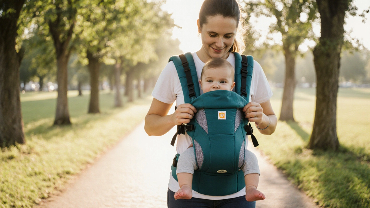 Parent wearing soft‑structured carrier, baby in ergonomic M‑position.