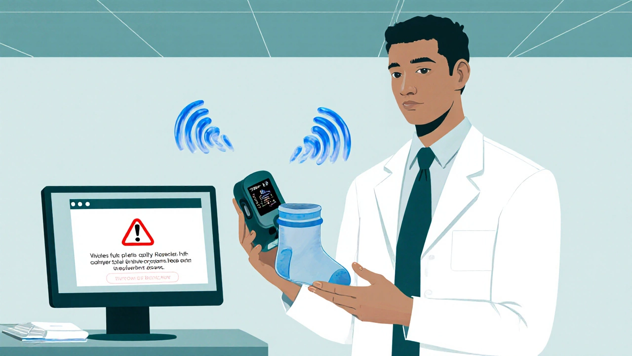 Pediatrician examining Owlet sock with Bluetooth wave icons and alarm warning on screen.