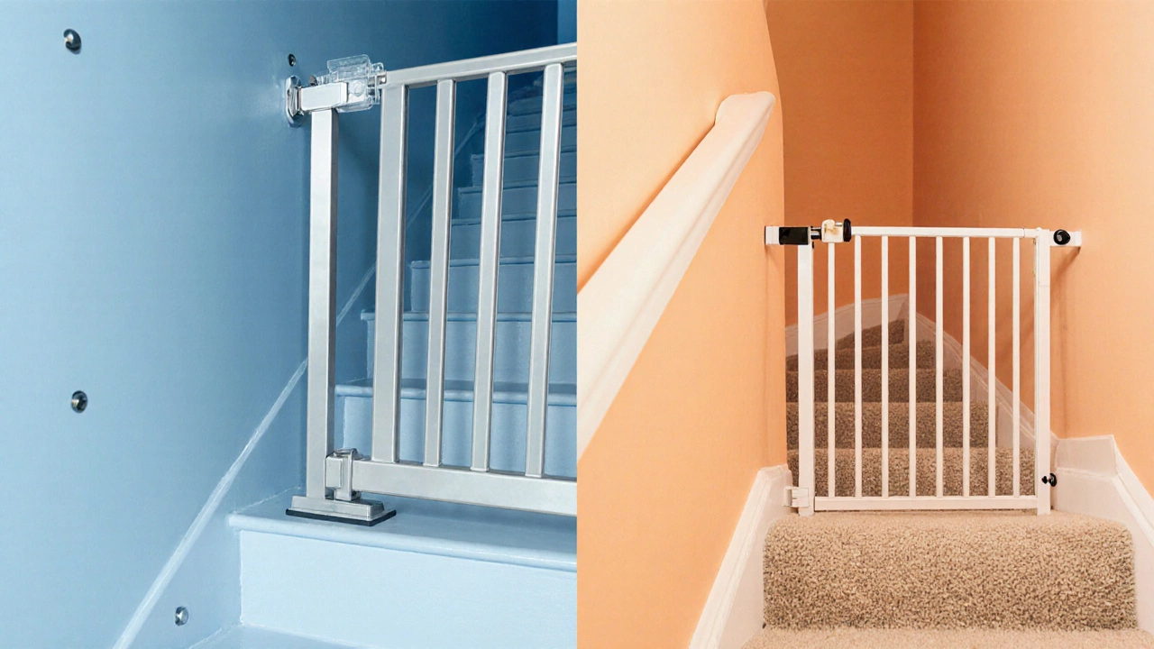 Side‑by‑side view of a hardware gate on top stairs and a pressure gate on bottom stairs.