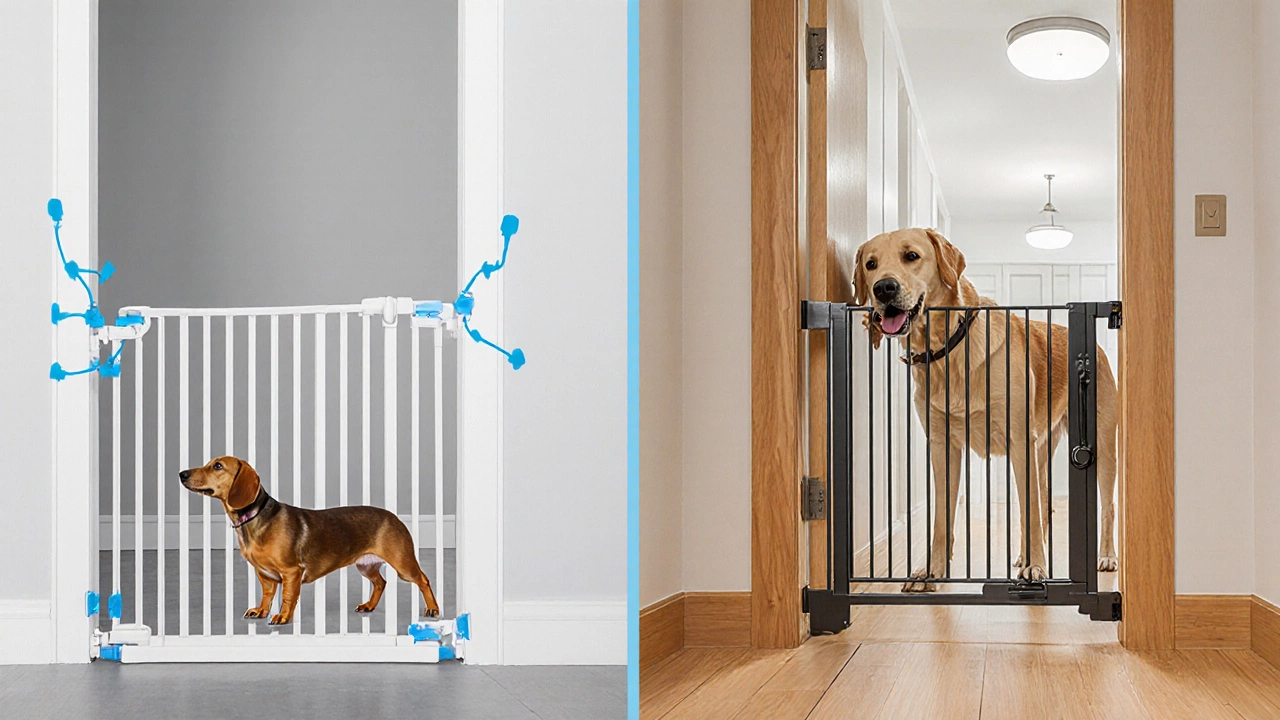 Side‑by‑side view of pressure‑mounted and hardware‑mounted pet gates with dogs nearby.