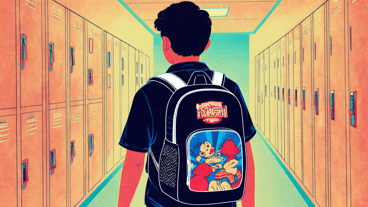 Teen walking in hallway with ergonomic kids' backpack featuring retro cartoon graphics.