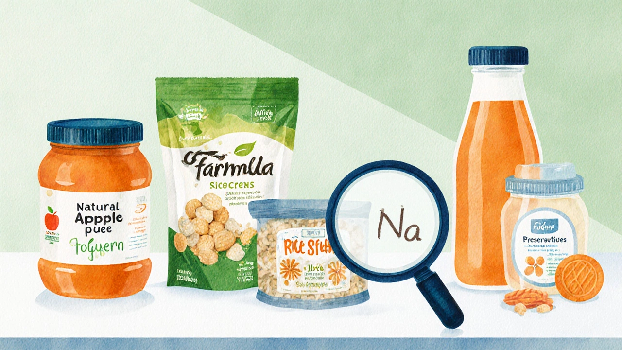 Watercolor flat‑lay of baby food jars and labels showing hidden sodium ingredients.