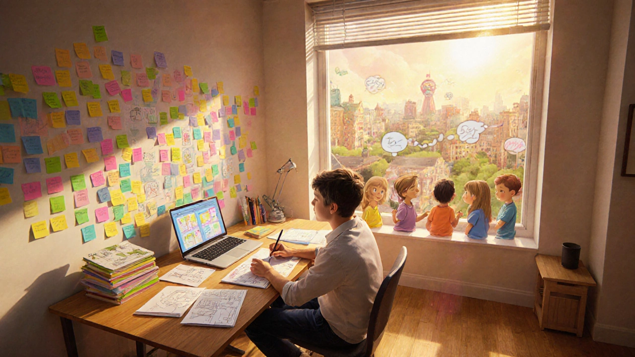 Young writer in bright space with laptop, sketchbooks, kids listening, and whimsical city view of story bubbles.