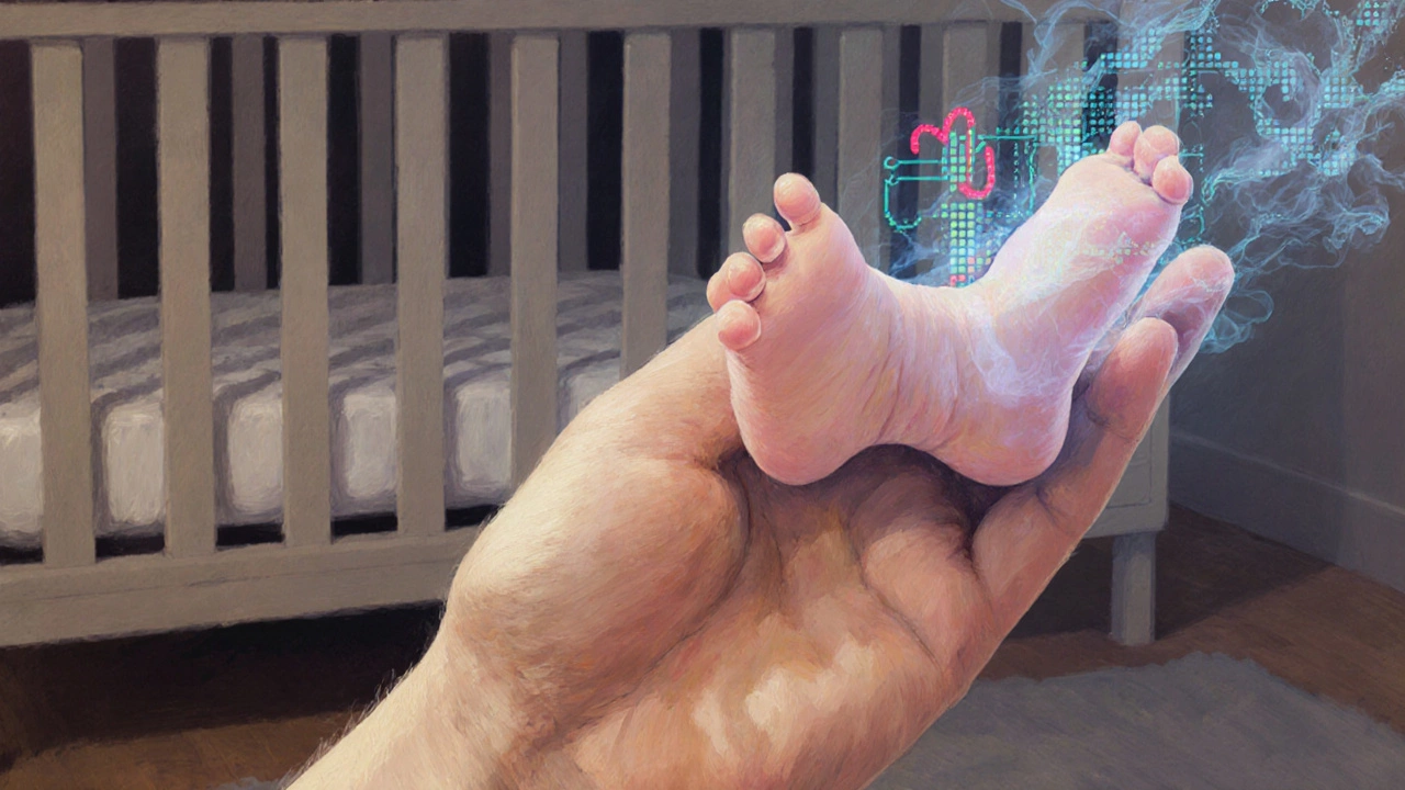 A parent&#039;s hand cradles a baby&#039;s foot as faint data streams fade into the air beside a safe crib.