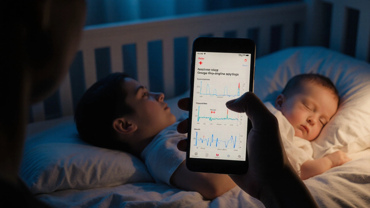 A tired parent stares at a smartphone showing baby vitals in a dim nursery, alert flashing red.