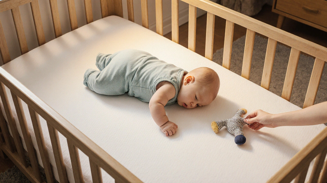 Baby rolling over in a sleeveless sleep sack, holding a lovey outside the crib.