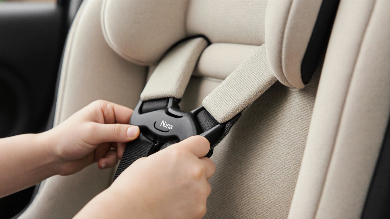 Close-up of Nuna car seat harness and adjustable headrest with baby’s hands gripping softly.
