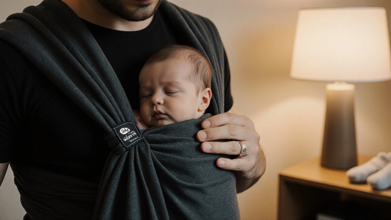 Father holding newborn snugly in a stretchy wrap, emphasizing comfort and close bonding.