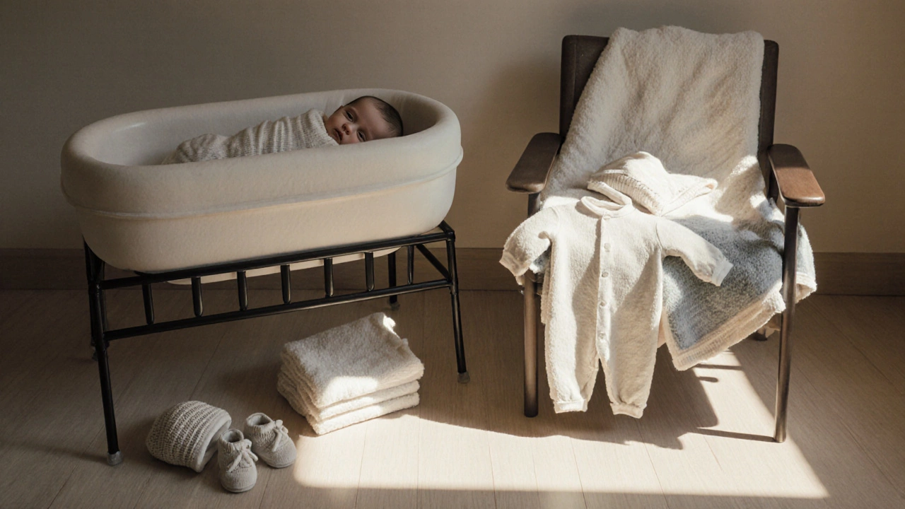 Hospital bassinet with a swaddled baby and a minimalist layette set of sleepers, hats, and blankets on a chair.