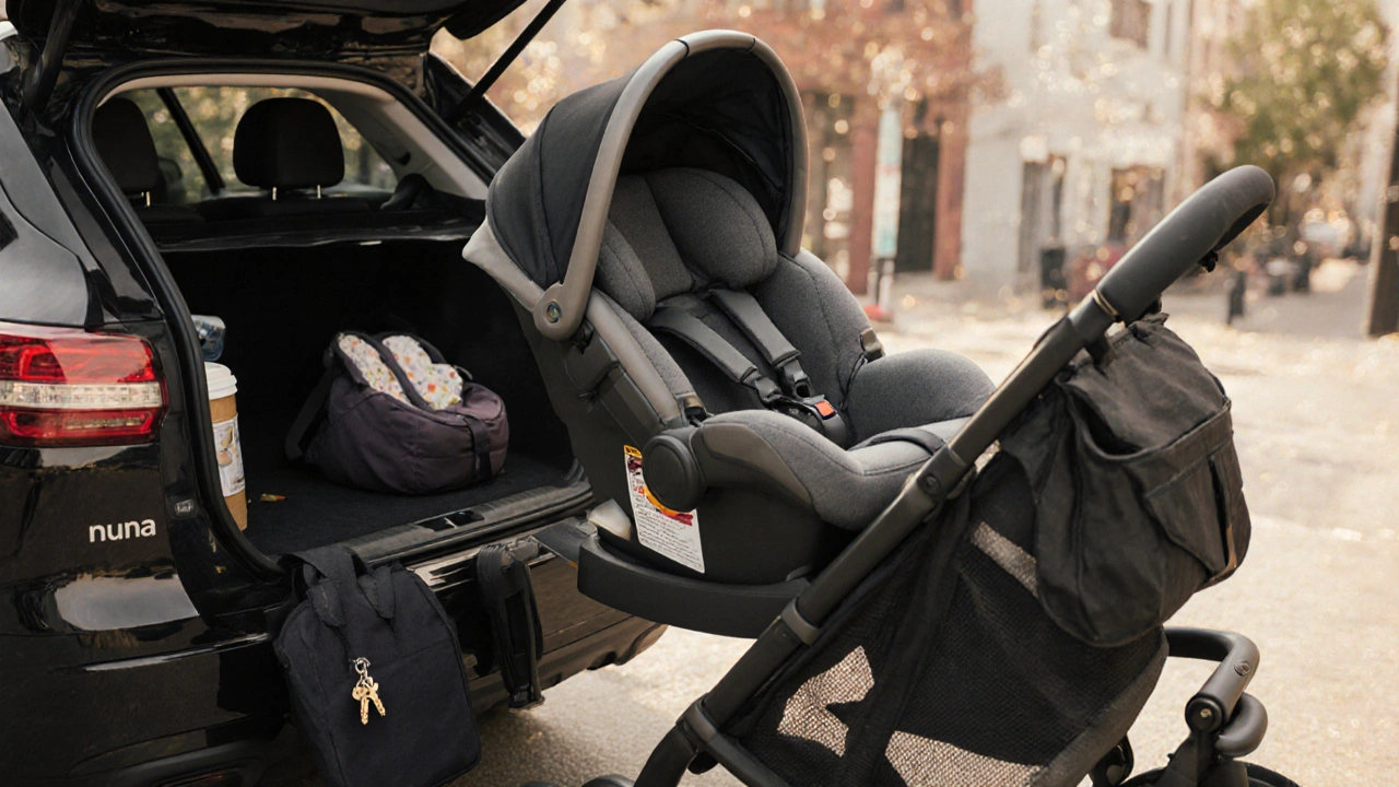 Nuna car seat clicking onto a stroller, canopy open, in a calm urban parenting moment.