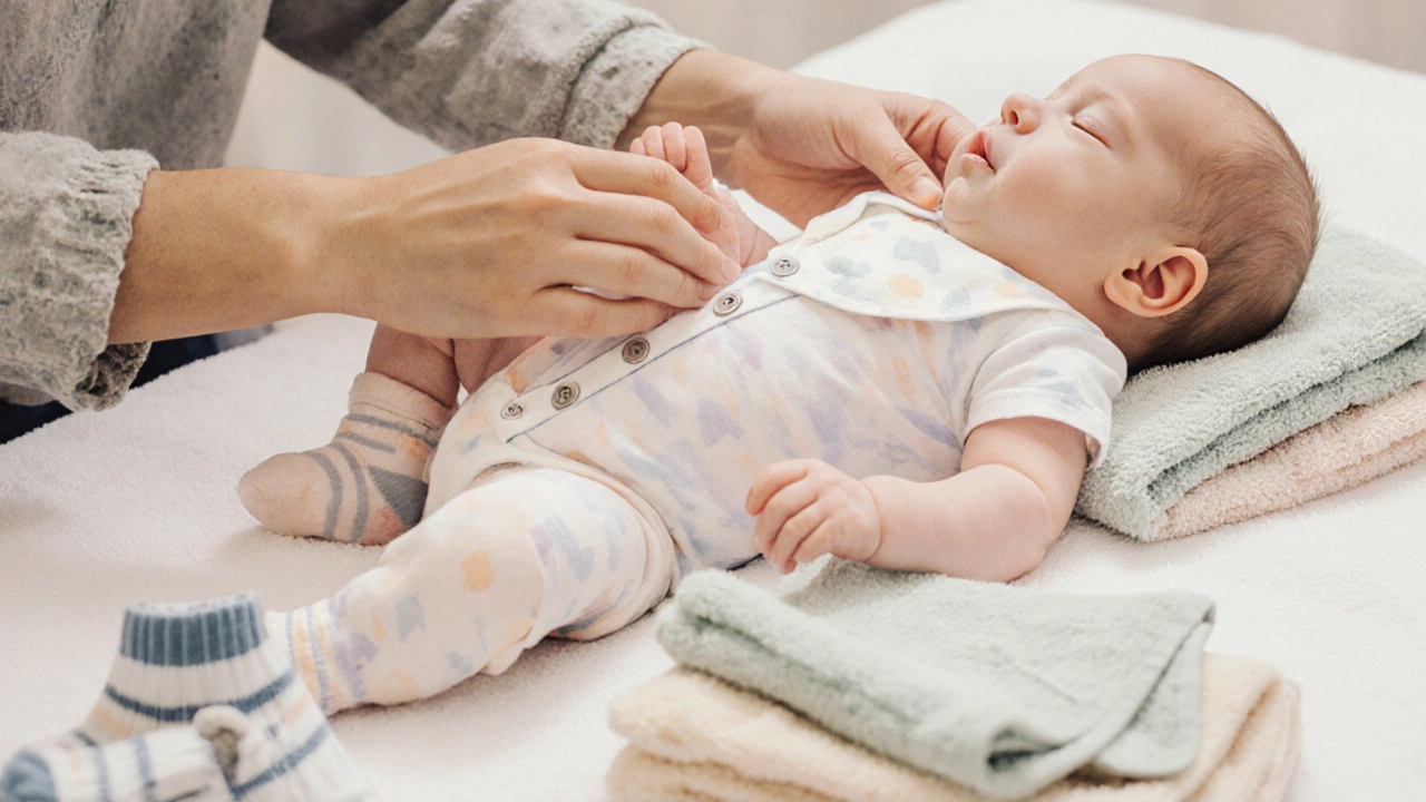 Parent&#039;s hands dressing a newborn in a onesie with layette items like socks and a hat nearby on a towel.