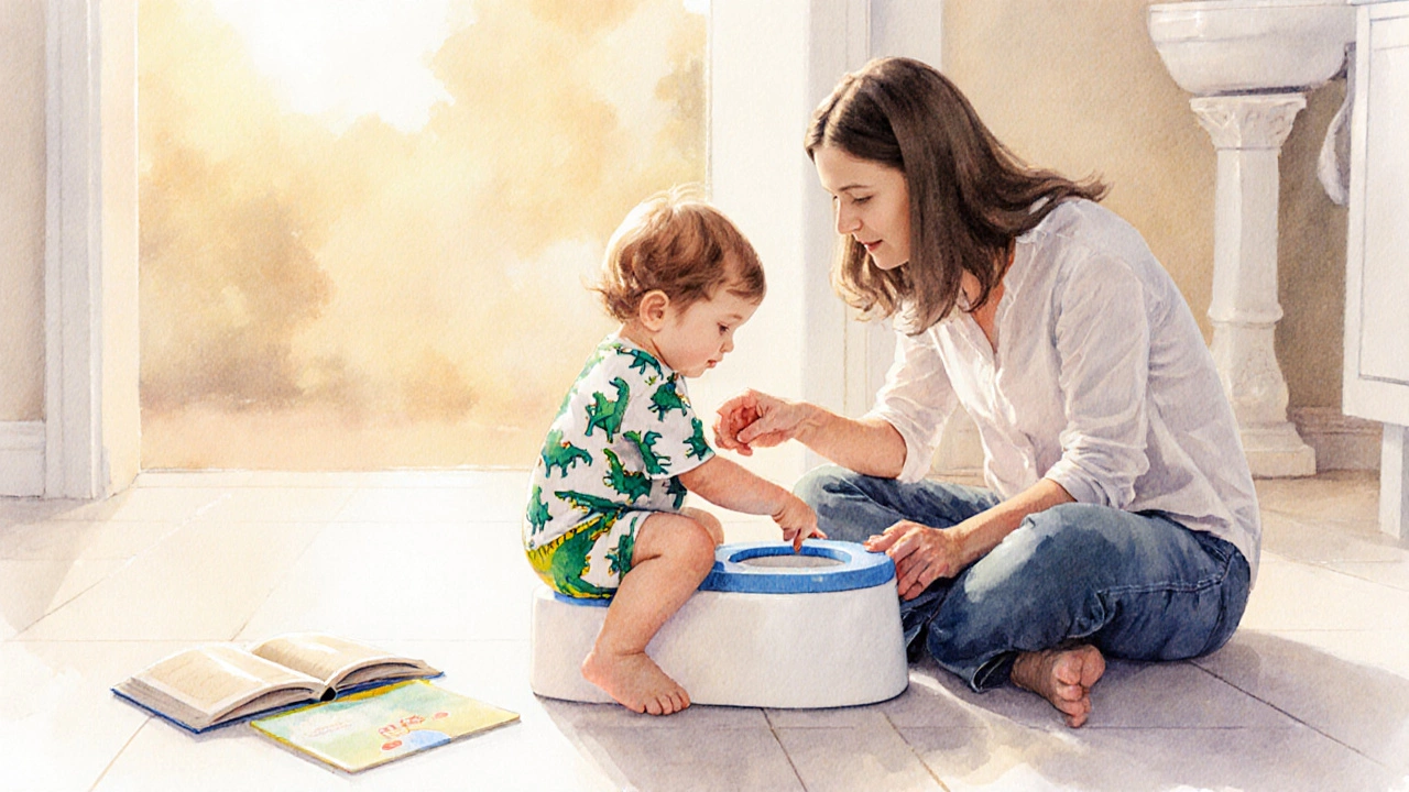 Parent and child sitting together beside a potty, reading a book with calm connection.