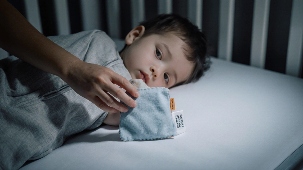 Parent placing a small lovey beside the crib of a 12-month-old toddler sleeping in a sleep sack.