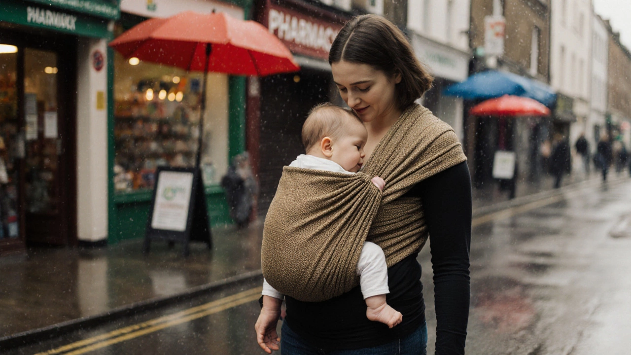 Parent using a woven wrap to carry a newborn in a secure, curled position outdoors in the UK.