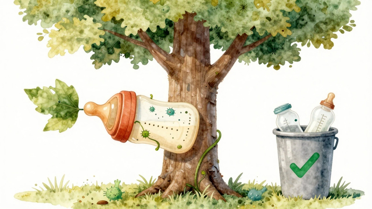 A baby bottle turning into a dying tree with bacteria-like vines.