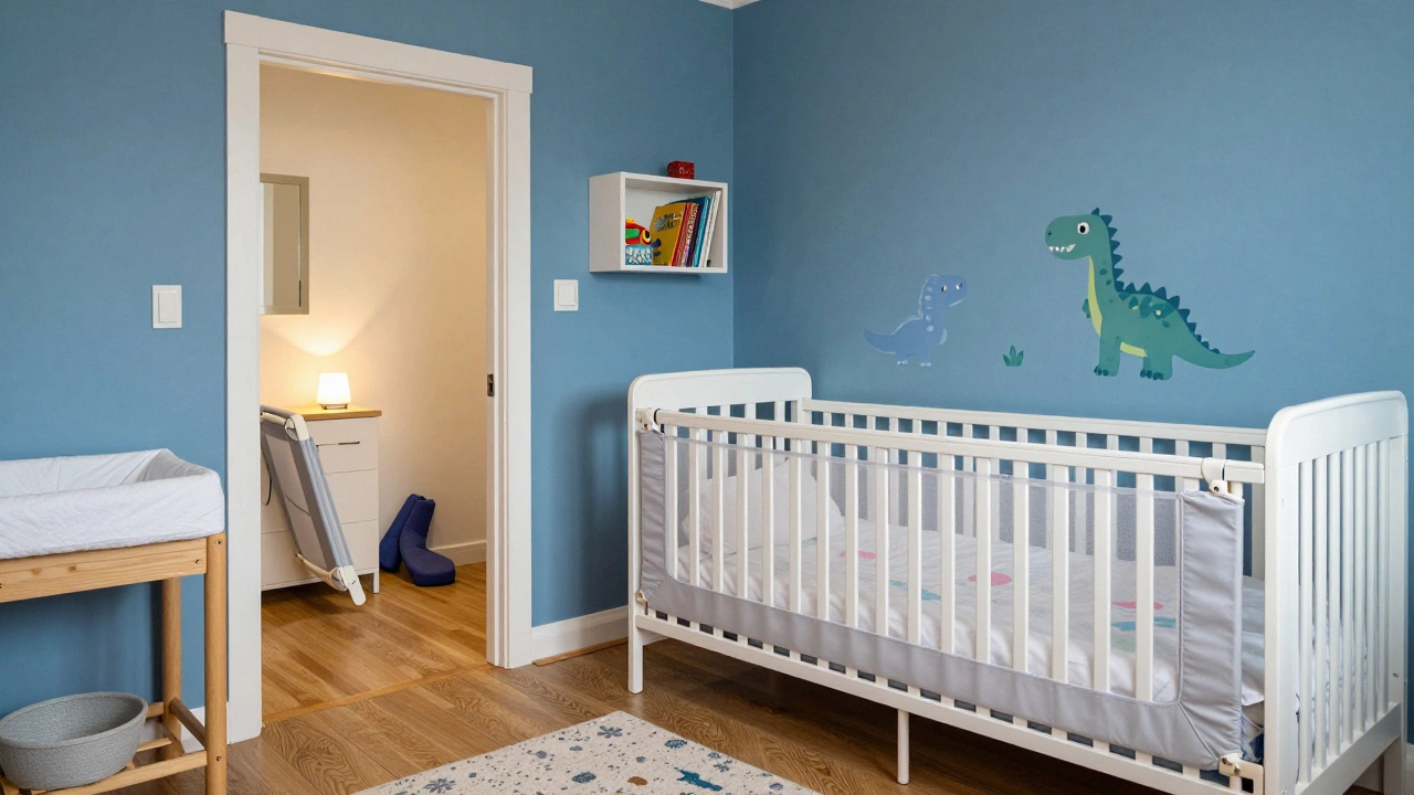 A child&#039;s room transitioning from nursery to bedroom with a toddler bed and dinosaur stickers.