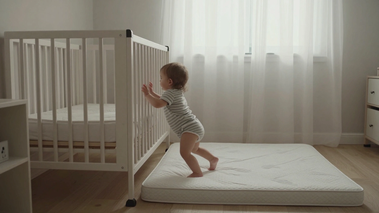 A child climbing out of a crib toward a floor bed, symbolizing readiness for independent sleep.